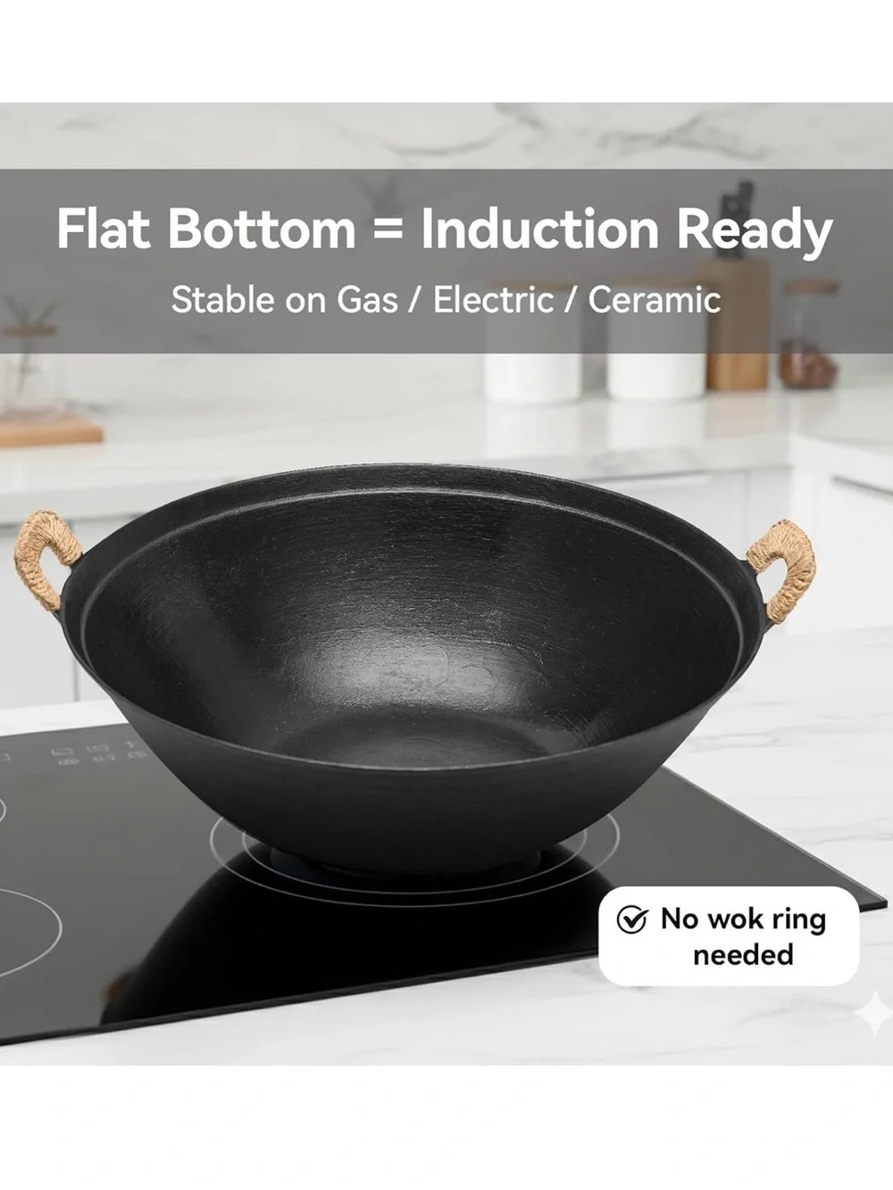 Black Carbon Steel Wok with Bamboo Lid and Cleaning Brush